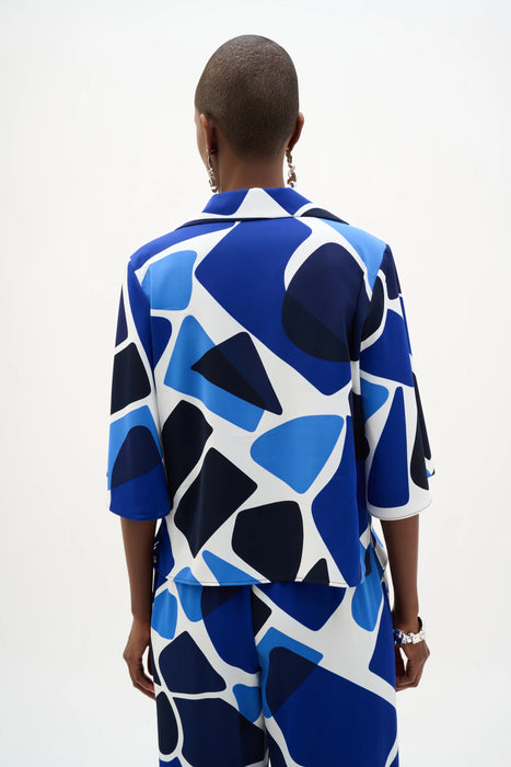 Joseph Ribkoff Vanilla/Blue Geometric Button Front Boxy Blouse 262154