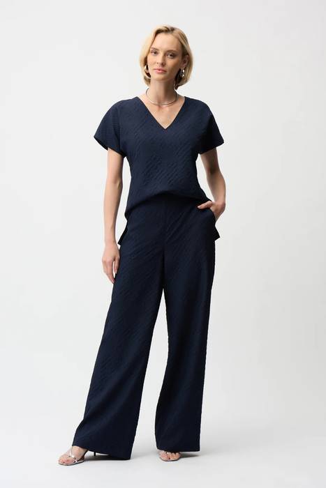 Joseph Ribkoff 261055 Midnight Blue Geometric Textured V-Neck Short Sleeves Top