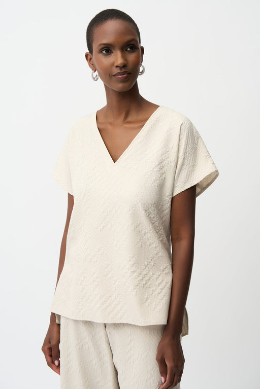 Joseph Ribkoff 261055 Vanilla/Moonstone Geometric Textured V-Neck Short Sleeves Top