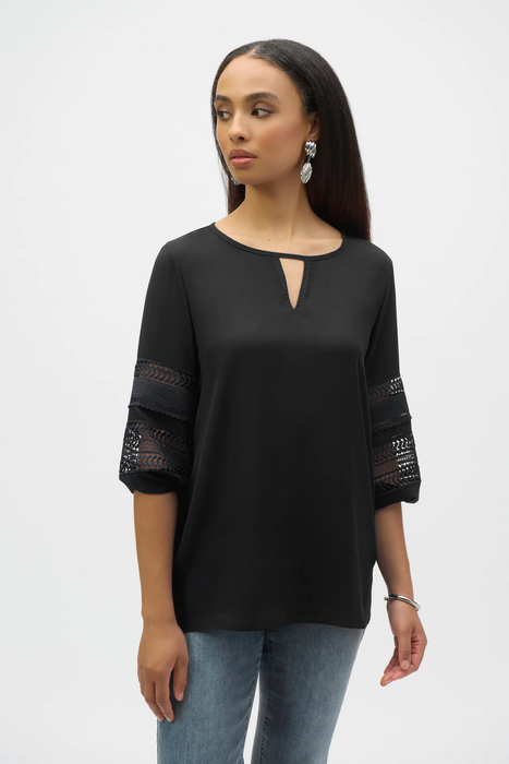 Joseph Ribkoff 252077 Black Georgette Keyhole Neckline 3/4 Puff Sleeves Top