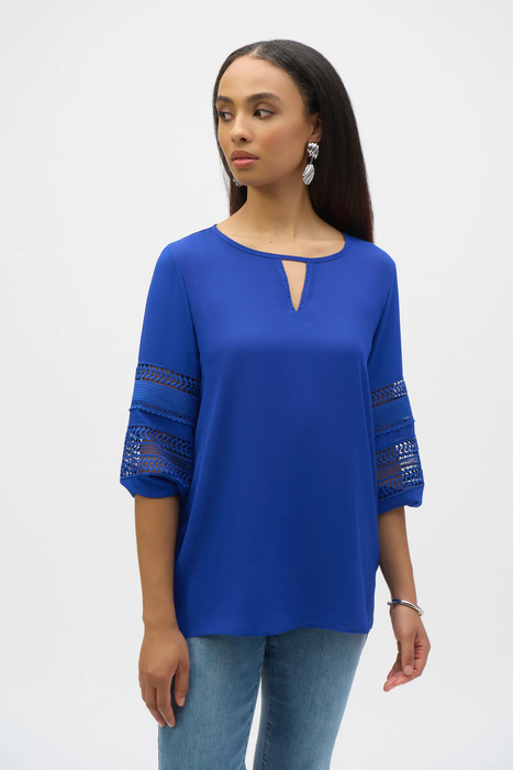 Joseph Ribkoff 252077 Royal Sapphire Georgette Keyhole Neckline 3/4 Puff Sleeves Top