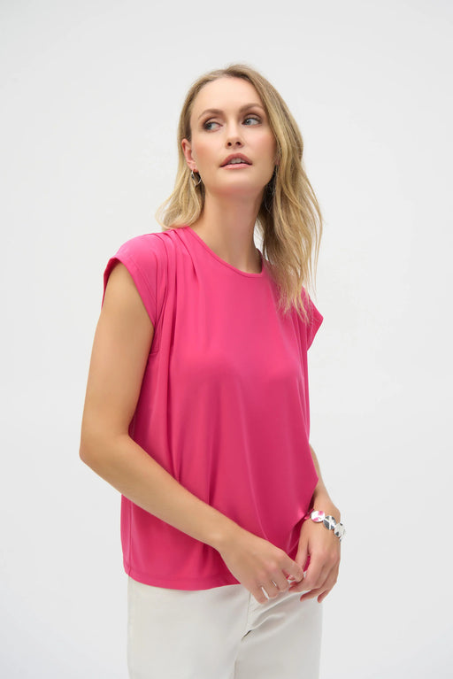 Joseph Ribkoff Style 252127 Geranium Pleated Crew Neck Cap Sleeve Top