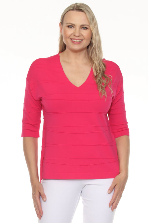 Joseph Ribkoff Style 251923 Geranium Textured Stripe V-Neck 3/4 Sleeve Knit Top