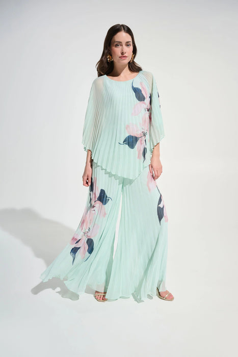 Joseph Ribkoff Green Chiffon Floral Pleated Wide Leg Pants 262718