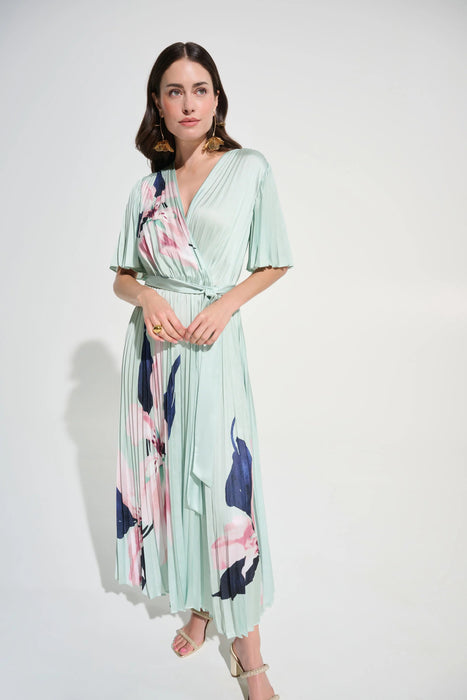 Joseph Ribkoff Green/Multi Floral Pleated Satin Maxi Dress 262712