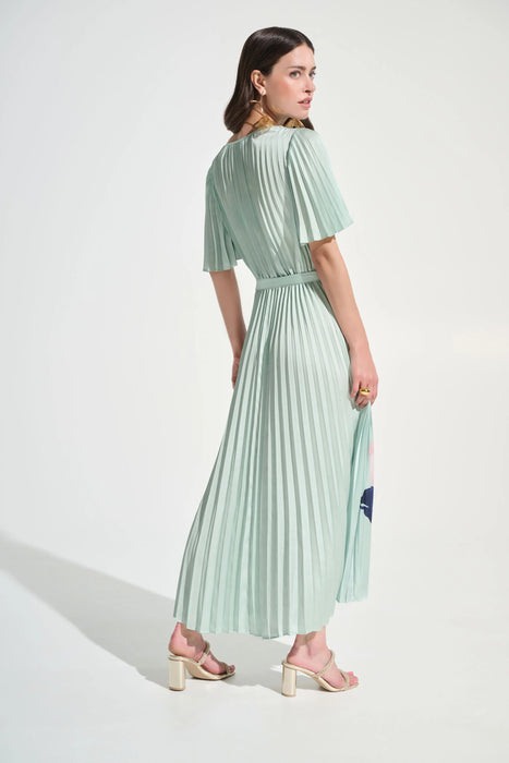 Joseph Ribkoff Green/Multi Floral Pleated Satin Maxi Dress 262712