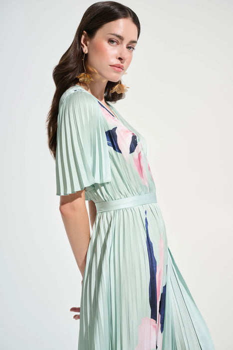 Joseph Ribkoff Green/Multi Floral Pleated Satin Maxi Dress 262712
