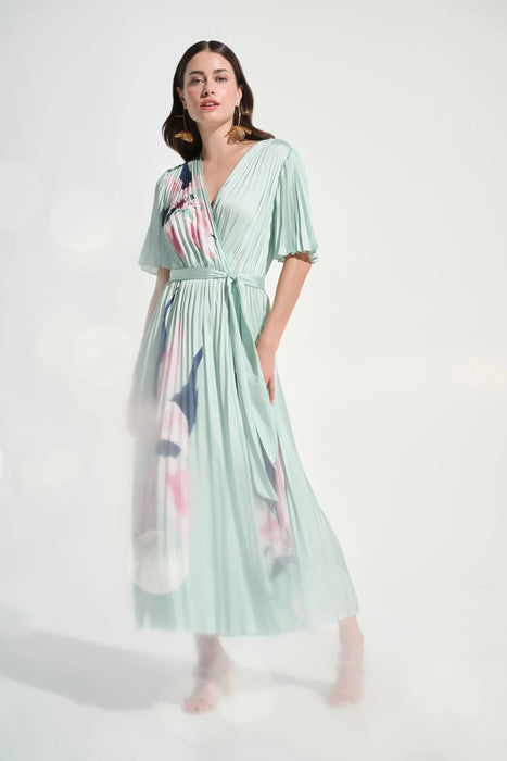 Joseph Ribkoff Green/Multi Floral Pleated Satin Maxi Dress 262712