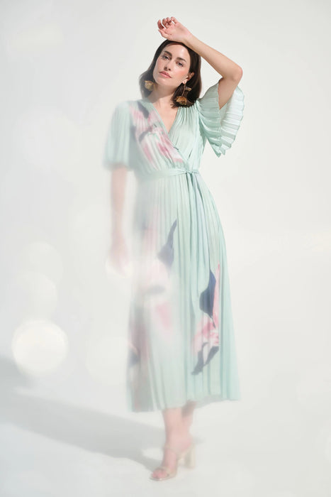 Joseph Ribkoff Green/Multi Floral Pleated Satin Maxi Dress 262712