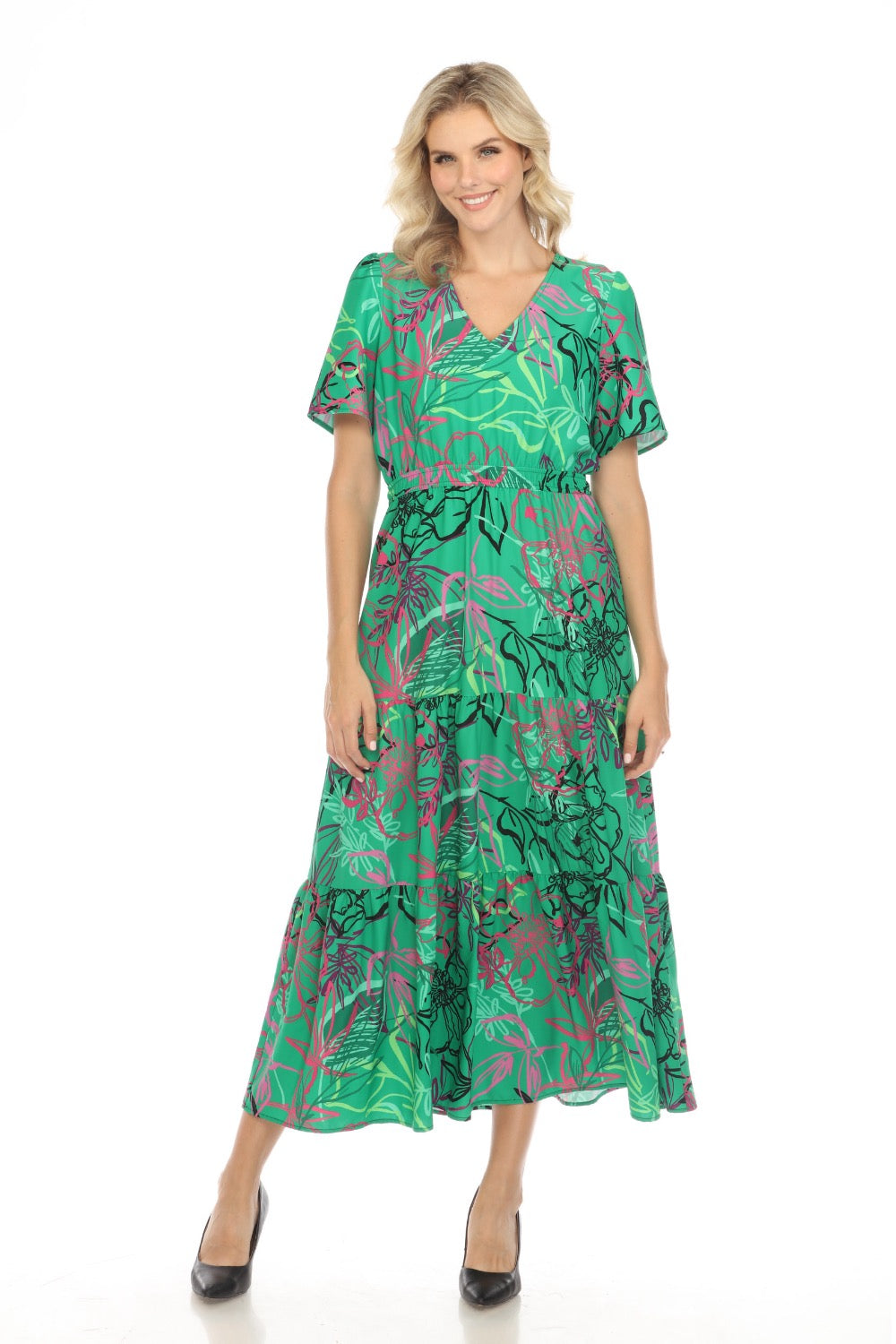 joseph ribkoff maxi dress Green/Multi Floral Print Tiered Maxi Dress