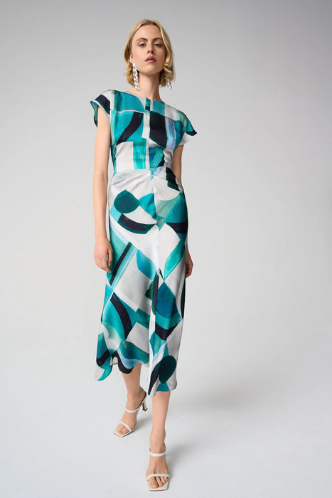 Joseph Ribkoff Green/Multi Geometric Print Satin Midi Dress 261251