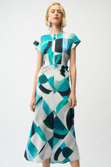 Joseph Ribkoff Green/Multi Geometric Print Satin Midi Dress 261251