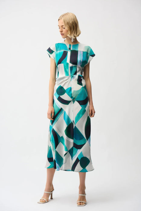 Joseph Ribkoff Green/Multi Geometric Print Satin Midi Dress 261251