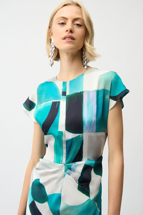 Joseph Ribkoff Green/Multi Geometric Print Satin Midi Dress 261251