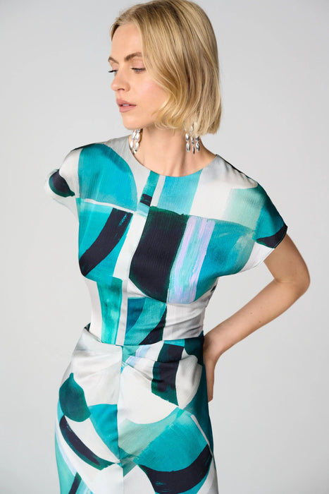 Joseph Ribkoff Green/Multi Geometric Print Satin Midi Dress 261251