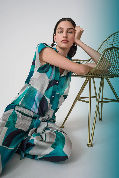 Joseph Ribkoff 261065 Green/Multi Geometric Print Front Button Short Sleeve Top