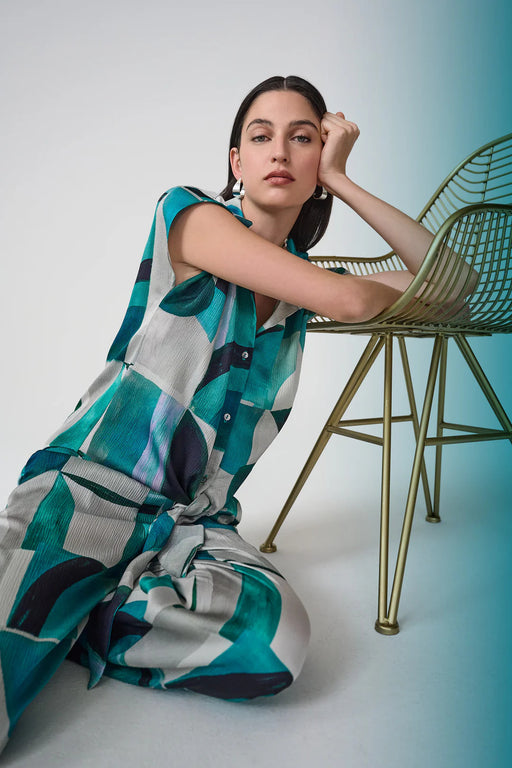 Joseph Ribkoff 261065 Green/Multi Geometric Print Front Button Short Sleeve Top