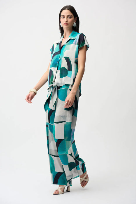 Joseph Ribkoff Green/Multi Geometric Front Tie Boxy Top 261065