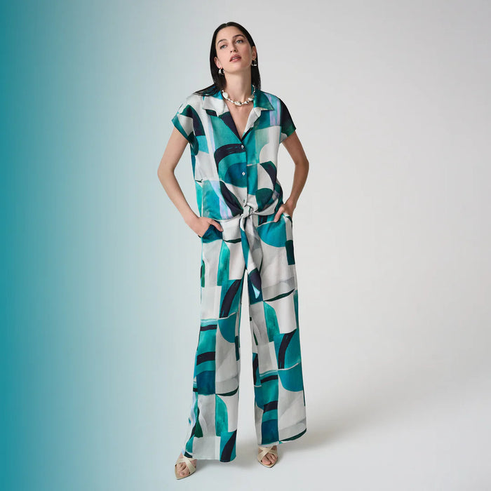 Joseph Ribkoff Green/Multi Geometric Front Tie Boxy Top 261065