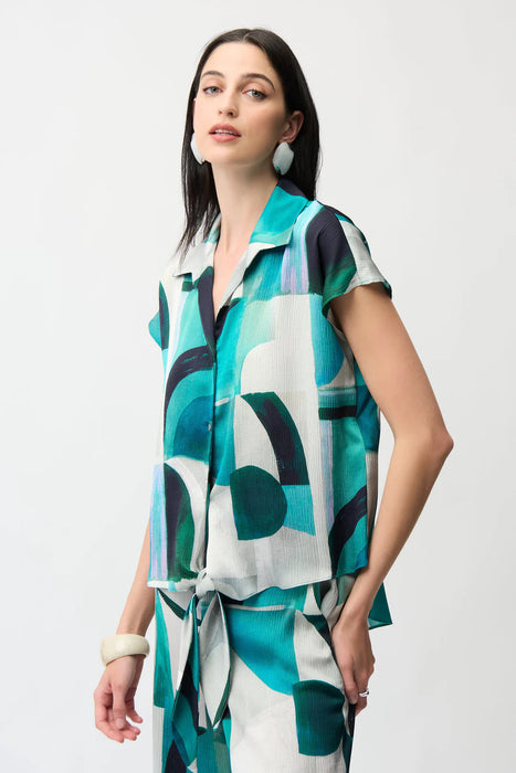 Joseph Ribkoff Green/Multi Geometric Front Tie Boxy Top 261065