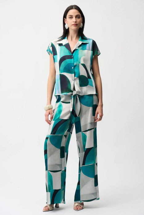 Joseph Ribkoff Green/Multi Geometric Satin Wide Leg Pants 261042