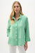 Woman wearing a green and vanilla stripe print straight jacket with a button-front design and relaxed fit, styled for a fresh and modern look.
