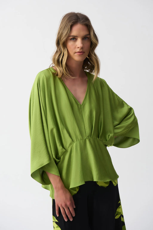Joseph Ribkoff Style 251037 Greenery V-Neck Pleated Satin Peplum Top