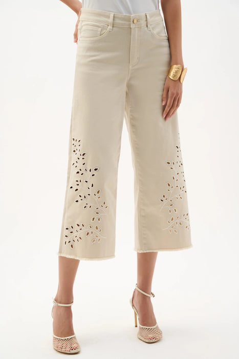 Woman wearing Joseph Ribkoff Repreve wide leg crop jeans for casual weekend outfit