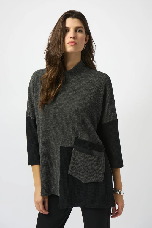 Joseph Ribkoff 253083 Grey/Black Color Block Textured 3/4 Sleeve Boxy Top