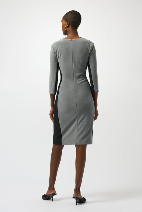 Joseph Ribkoff Grey Melange/Black Belted Slit Neckline Sheath Dress 253264