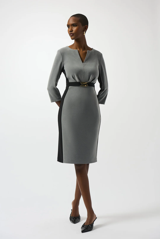 Joseph Ribkoff 253264 Grey Melange/Black Belted Slit Neckline Sheath Dress
