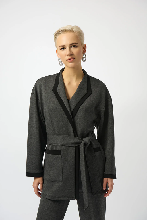 Joseph Ribkoff 253223 Grey Melange/Black Belted Wrap Kimono Coat