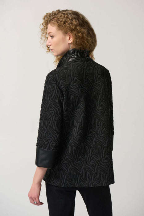 Joseph Ribkoff Grey Melange/Black Textured Jacquard Faux Leather Trim Jacket 233059