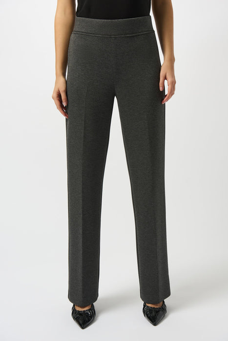 Woman wearing a grey pull on wide leg pant with elastic waistband