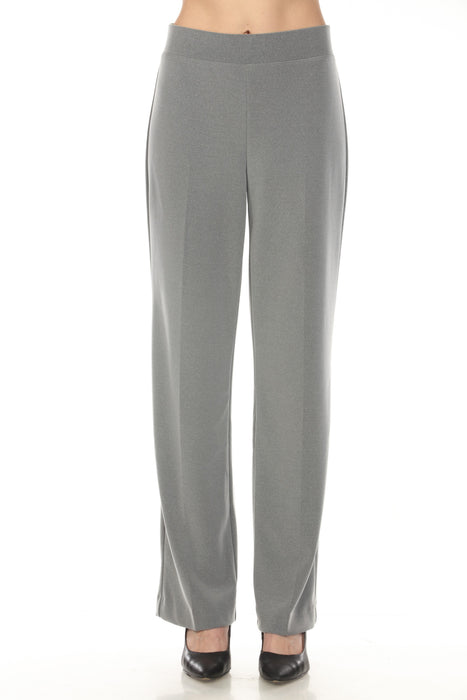 Woman wearing a gray wide leg pull on pants from Joseph Ribkoff
