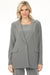 Woman wearing a gray blazer jacket with one button and long sleeves from Joseph Ribkoff