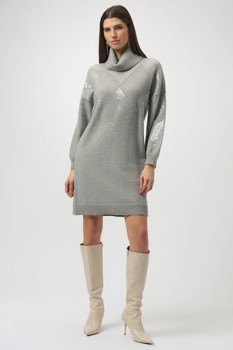 Joseph Ribkoff Grey Melange Turtleneck Long Puff Sleeve Straight Dress 254931