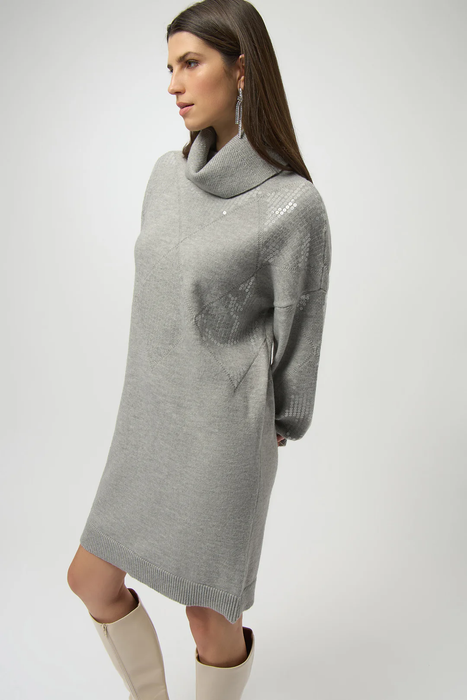 Joseph Ribkoff Grey Melange Turtleneck Long Puff Sleeve Straight Dress 254931