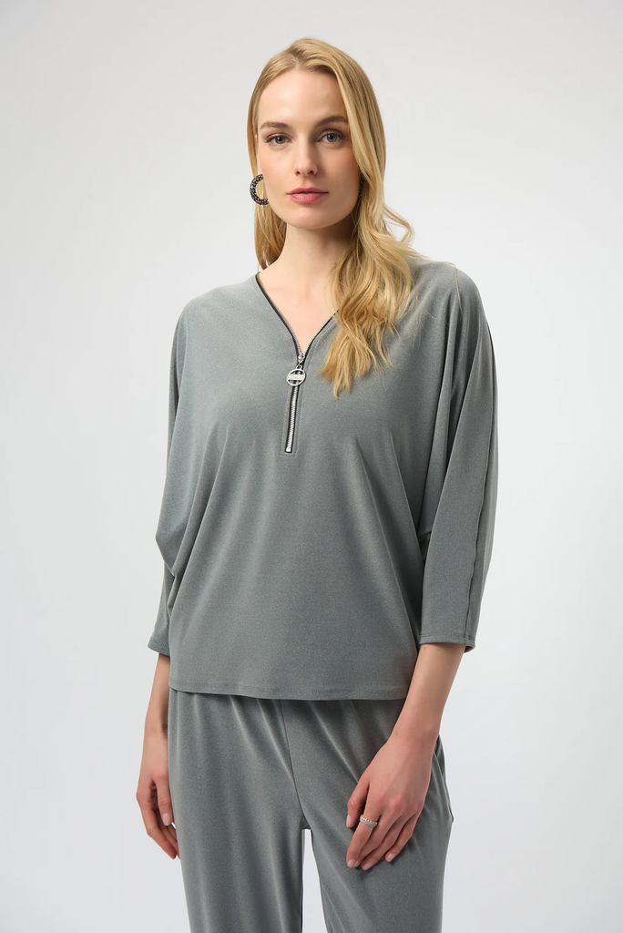 Joseph Ribkoff Grey Melange Zipped V-Neck Long Sleeve Boxy Top