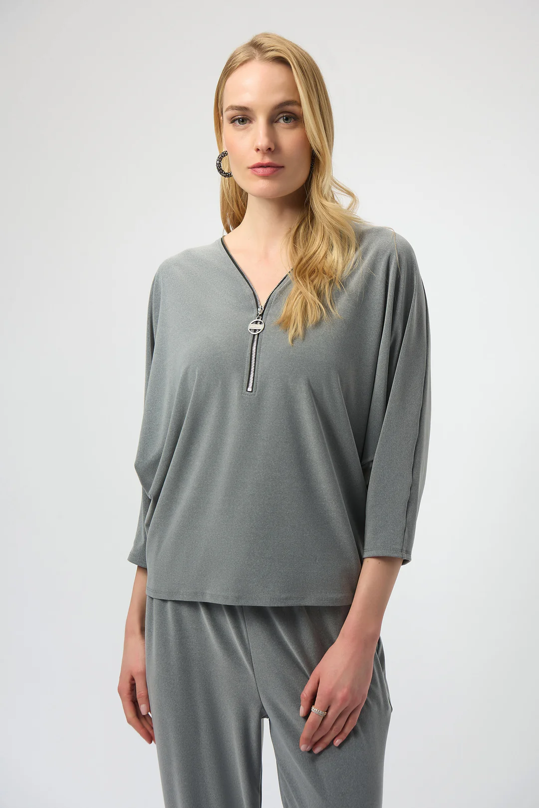 Joseph Ribkoff Grey Melange Zipped V-Neck Long Sleeve Boxy Top