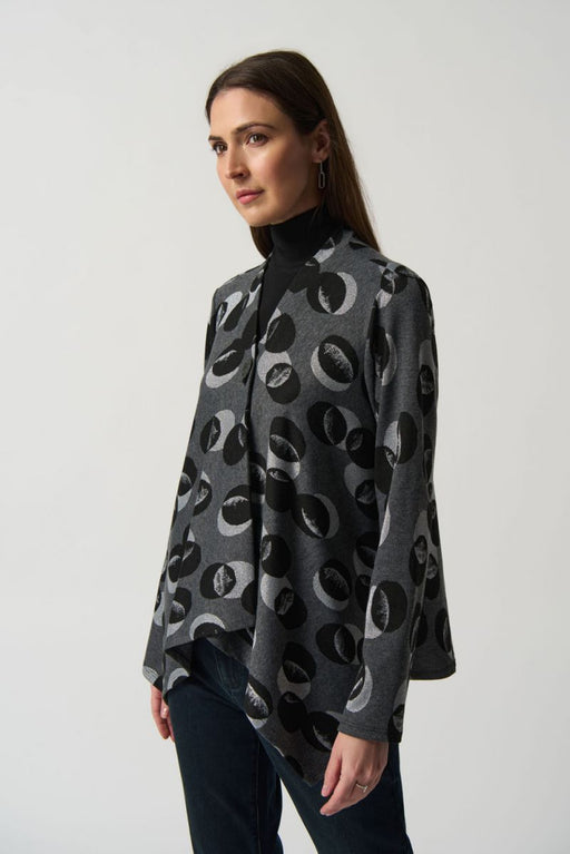 Joseph Ribkoff Style 233095 Grey/Multi Circle Print Knit Asymmetric Cover-Up Jacket