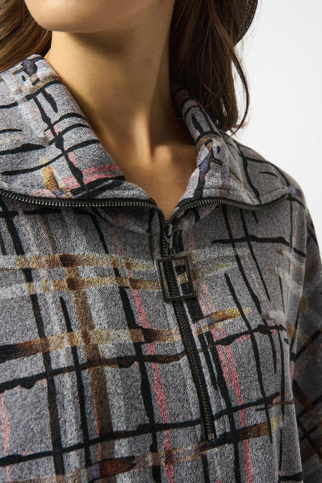 Joseph Ribkoff Grey/Multi Plaid Print Zipped Collar Sweater Top 253058