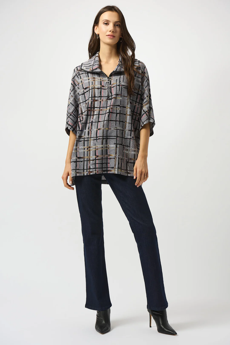 Joseph Ribkoff Grey/Multi Plaid Print Zipped Collar Sweater Top 253058