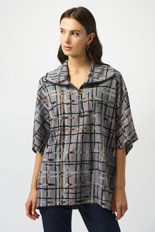 Joseph Ribkoff 253058 Grey/Multi Plain Print Zipped Collar Sweater Top