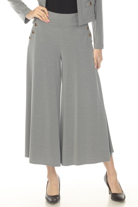 Person wearing gray wide-leg pants with button accents and ankle length from Joseph Ribkoff
