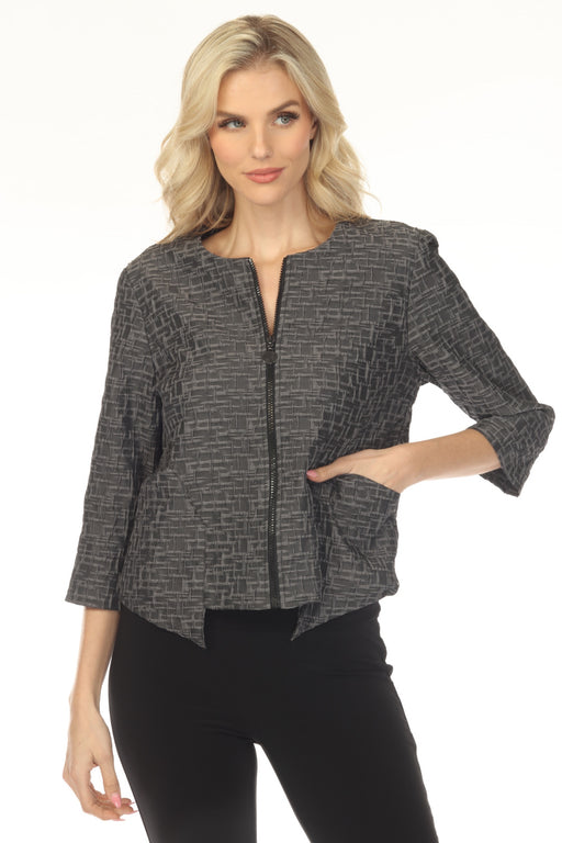 Woman wearing a gray textured jacket with 3/4 sleeves and zip front closure from Joseph Ribkoff