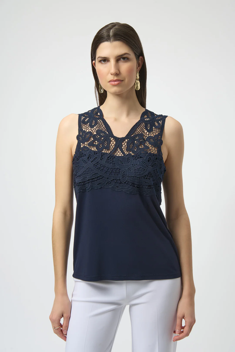Joseph Ribkoff 252076 Midnight Blue Guipure Lace Sleeveless Top