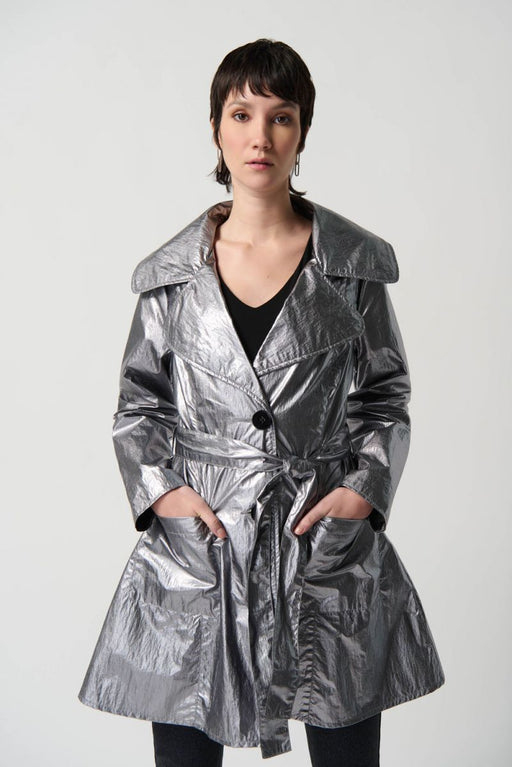 Joseph Ribkoff Style 234901 Gunmetal Metallic Crinkled Belted Coat Jacket