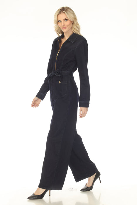 Joseph Ribkoff Indigo Blue Zip Front Belted Denim Jumpsuit 253948