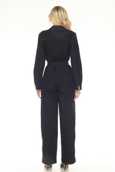 Joseph Ribkoff Indigo Blue Zip Front Belted Denim Jumpsuit 253948